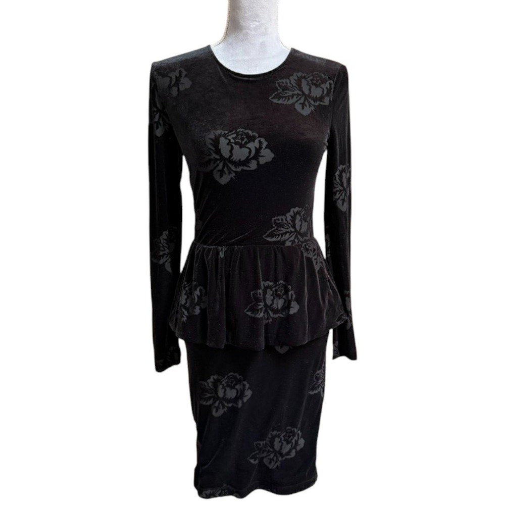 GANNI Black Velvet Burnout‎ Rose Print Peplum Sheath Dress Long Sleeve
